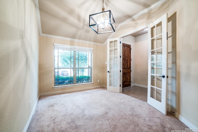 3330 Marlark Pass, San Antonio, TX 78261 - empty room featuring french doors, a chandelier, carpet floors, ornamental molding, and baseboards