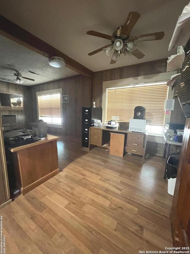 413 4th St, Poteet, TX 78065 - kitchen featuring a ceiling fan, an office area, wood finished floors, and wood walls