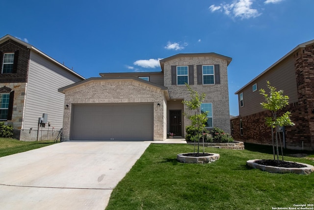 10322 Lady Bird, San Antonio, TX 78252 - traditional-style home with brick siding, a garage, concrete driveway, and a front lawn