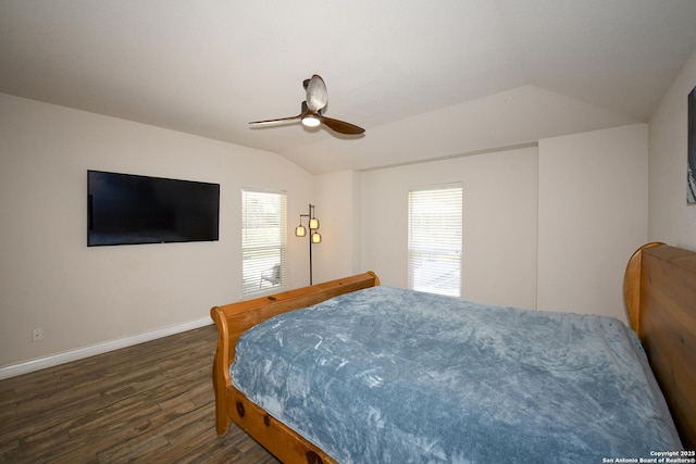 13607 Stagecoach, San Antonio, TX 78253 - bedroom with lofted ceiling, wood finished floors, baseboards, multiple windows, and a ceiling fan