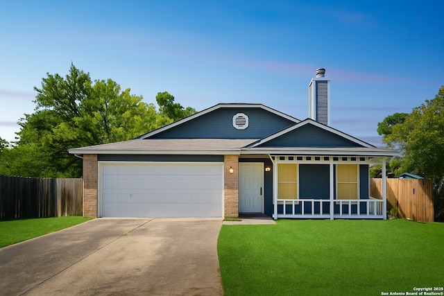 3501 Ridge Knoll St, San Antonio, TX 78247 - single story home with a porch, driveway, an attached garage, a chimney, and brick siding