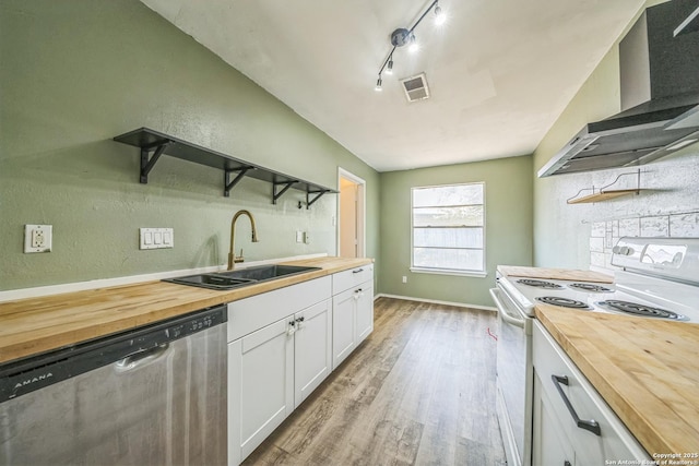 3501 Ridge Knoll St, San Antonio, TX 78247 - kitchen with wooden counters, stainless steel dishwasher, white range with electric cooktop, wall chimney range hood, and open shelves