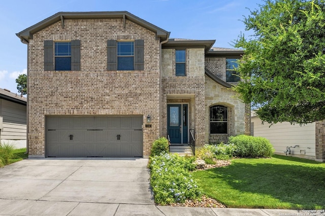 116 Cold Riv, Boerne, TX 78006 - view of front of home with an attached garage, brick siding, driveway, and a front lawn