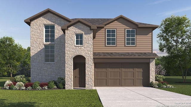 21006 Watercourse Way, San Antonio, TX 78266 - view of front of property featuring stone siding, a front yard, a garage, and concrete driveway