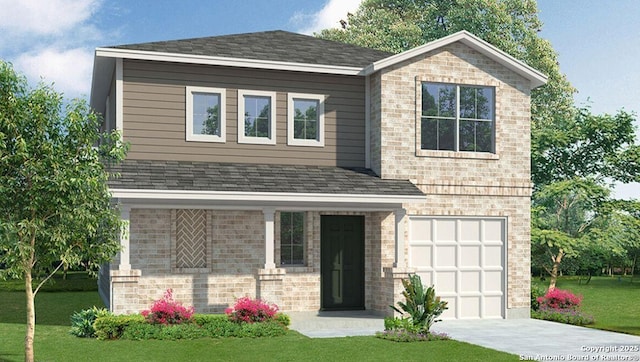 1234 Andean Emerald, San Antonio, TX 78253 - view of front of home featuring driveway, a front lawn, an attached garage, brick siding, and roof with shingles