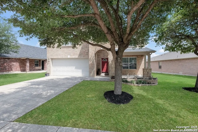 11206 Denae, Live Oak, TX 78233 - view of front of home with brick siding, driveway, a front yard, an attached garage, and a porch