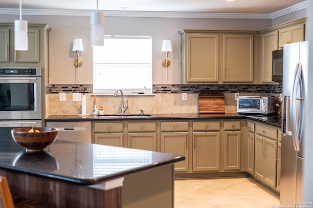 11206 Denae, Live Oak, TX 78233 - kitchen featuring appliances with stainless steel finishes, dark countertops, crown molding, decorative backsplash, and decorative light fixtures