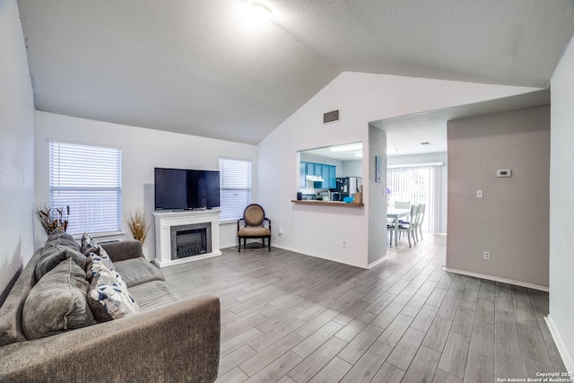 2111 Clear Ct, San Antonio, TX 78227 - living area featuring wood finished floors, a fireplace, a textured ceiling, and high vaulted ceiling