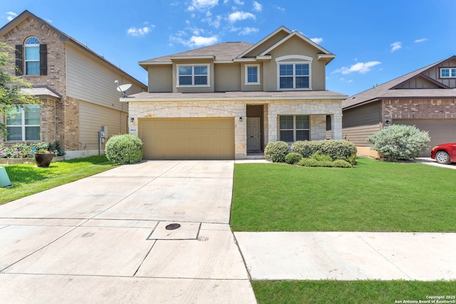 8919 Ladbroke, Converse, TX 78109 - view of front facade featuring stone siding, a garage, stucco siding, and a front yard