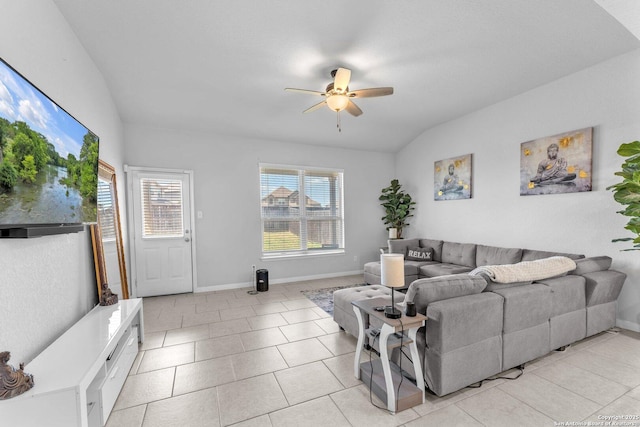 8919 Ladbroke, Converse, TX 78109 - living room with a ceiling fan, lofted ceiling, and light tile patterned floors