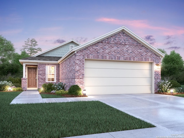 4311 Carlotta Dr, New Braunfels, TX 78130 - ranch-style home with brick siding, concrete driveway, a garage, and a yard