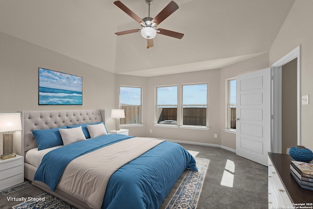 4311 Carlotta Dr, New Braunfels, TX 78130 - bedroom with carpet flooring, a ceiling fan, and high vaulted ceiling