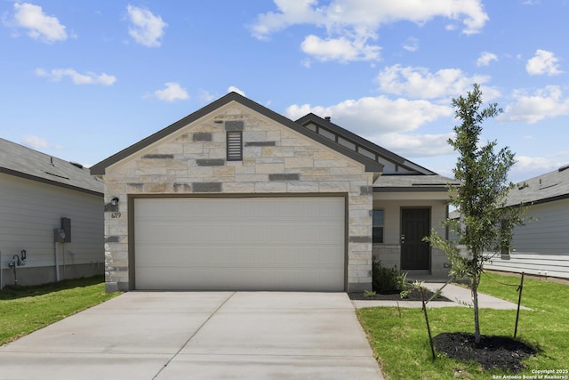 4229 Carlotta Dr, New Braunfels, TX 78130 - view of front of house with driveway, an attached garage, stone siding, and a front lawn