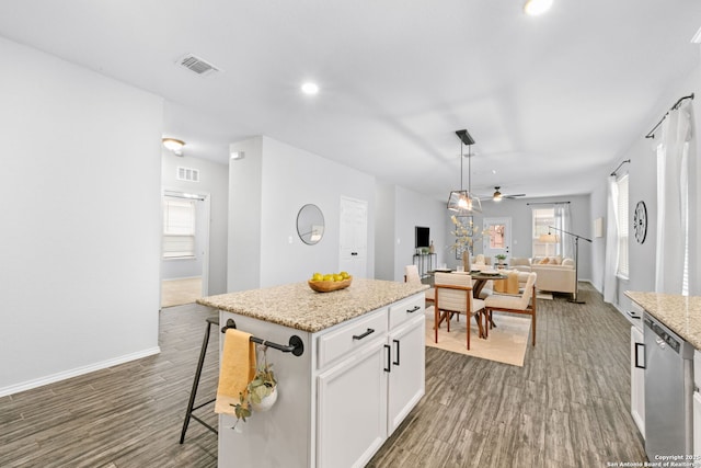 336 Salz, San Antonio, TX 78260 - kitchen with stainless steel dishwasher, a ceiling fan, wood finished floors, and open floor plan