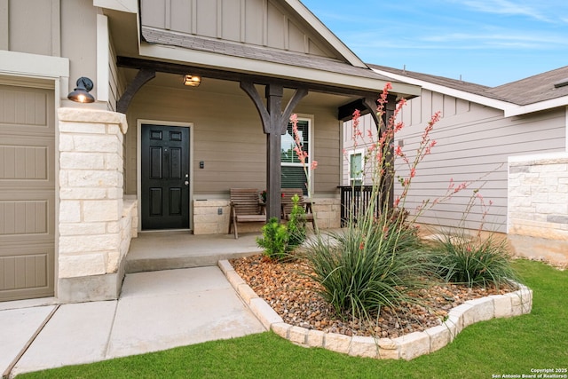 336 Salz, San Antonio, TX 78260 - entrance to property with board and batten siding, covered porch, and an attached garage