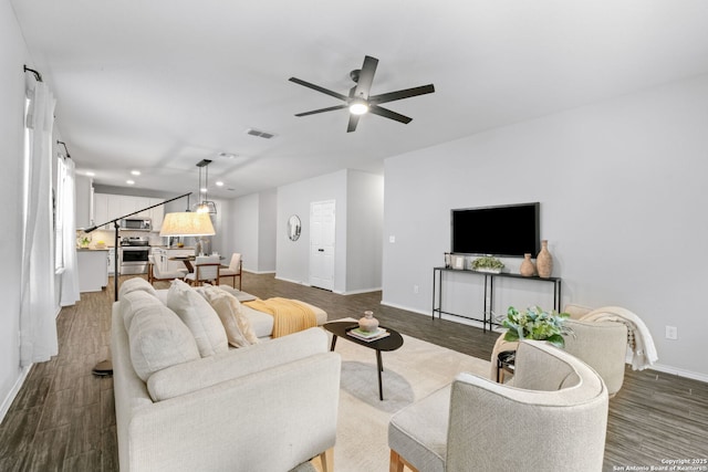 336 Salz, San Antonio, TX 78260 - living room with a ceiling fan, dark wood-style floors, and recessed lighting