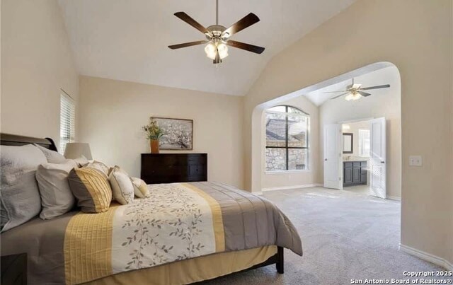 30184 Bridlegate, Bulverde, TX 78163 - bedroom with multiple windows, lofted ceiling, carpet floors, ensuite bath, and a ceiling fan