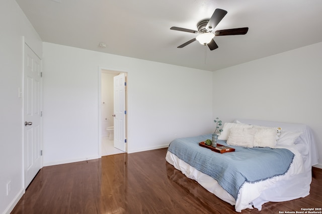 5707 Bogart, San Antonio, TX 78240 - bedroom with wood finished floors, ceiling fan, and ensuite bathroom