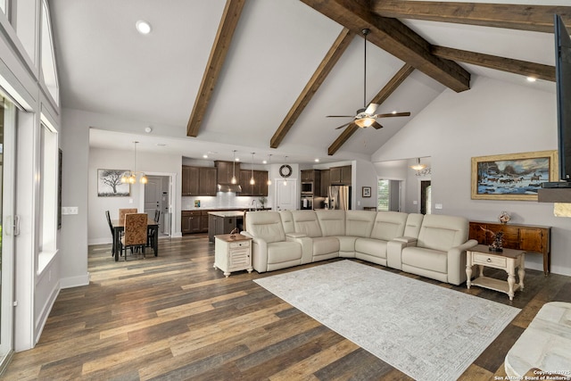 744 E Rio Azule, Pipe Creek, TX 78063 - living area featuring high vaulted ceiling, dark wood finished floors, beam ceiling, ceiling fan, and recessed lighting
