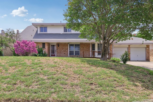 6210 Echo, Leon Valley, TX 78238 - traditional-style house with brick siding, a garage, concrete driveway, and a front lawn