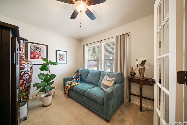 302 Pettigrew, Buda, TX 78610 - living area featuring carpet flooring, a ceiling fan, french doors, and lofted ceiling
