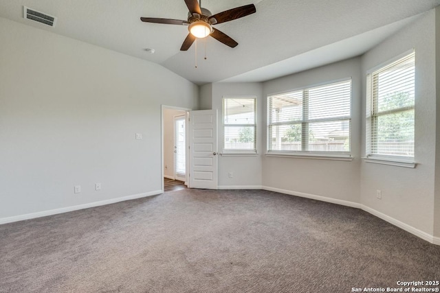 2407 Pesaro Pt, San Antonio, TX 78259 - spare room with carpet floors, a ceiling fan, and vaulted ceiling