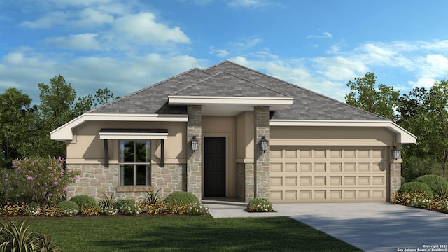 359 Sugarcane, New Braunfels, TX 78132 - view of front of house featuring stone siding, a garage, concrete driveway, stucco siding, and a front lawn