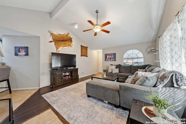 6411 Gray Rdg, San Antonio, TX 78233 - living room featuring ceiling fan, wood finished floors, beamed ceiling, and high vaulted ceiling