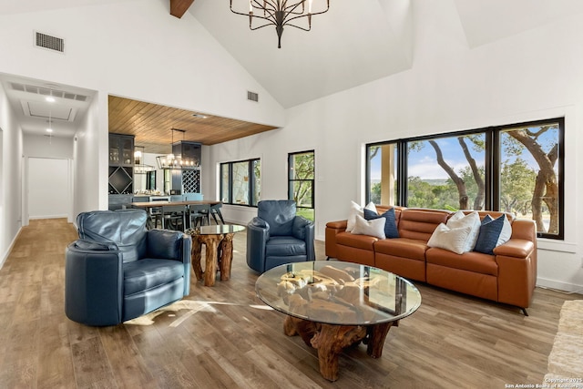 29720 Twin Creeks, Bulverde, TX 78163 - living area with a chandelier, high vaulted ceiling, wood finished floors, and beam ceiling