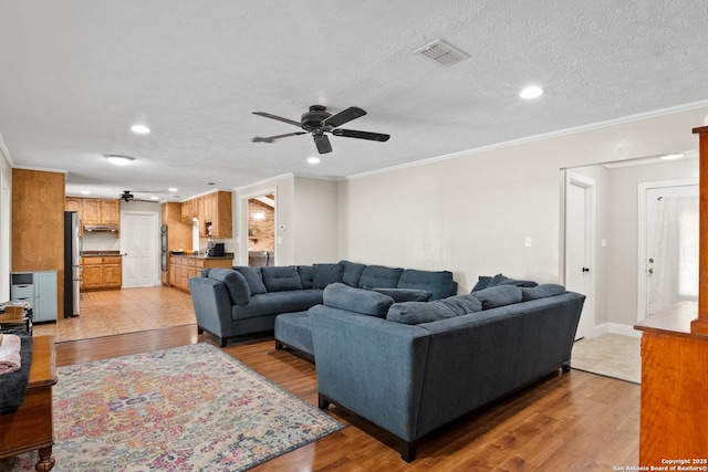 1373 County Road 373, Uvalde, TX 78801 - living room with ceiling fan, light wood finished floors, recessed lighting, ornamental molding, and a textured ceiling
