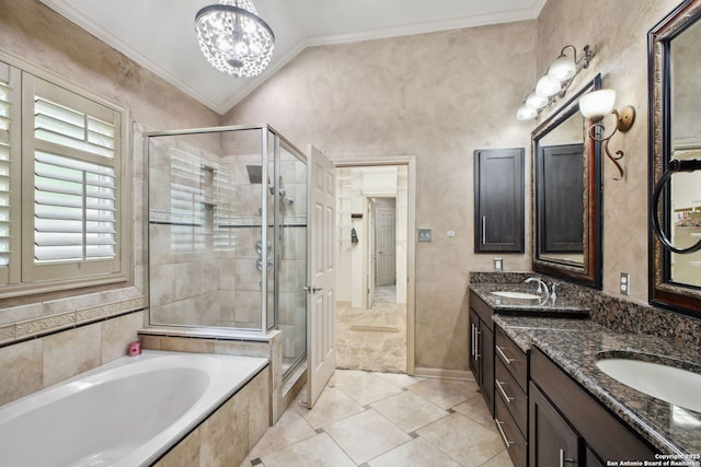 2326 Blackoak Bnd, San Antonio, TX 78248 - full bath featuring a shower stall, ornamental molding, a garden tub, double vanity, and tile patterned floors