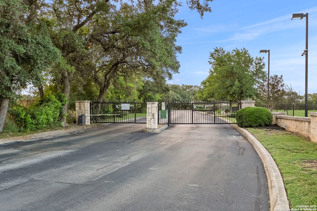 608 Kendall Pkwy, Boerne, TX 78015 - view of asphalt street featuring a gate, curbs, and a gated entry