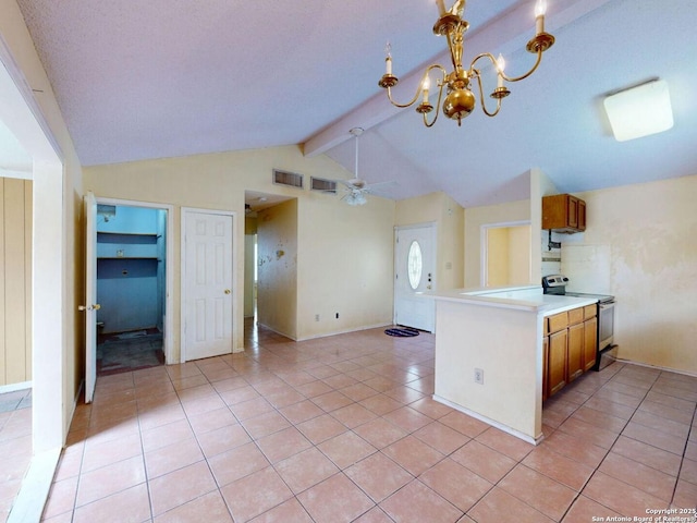 3415 Twining, San Antonio, TX 78211 - kitchen featuring stainless steel electric range oven, light tile patterned floors, brown cabinetry, and light countertops