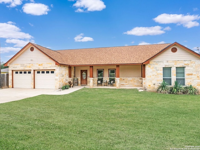1131 Meadow Stream Rd, Spring Branch, TX 78070 - ranch-style home featuring stone siding, roof with shingles, a porch, and driveway