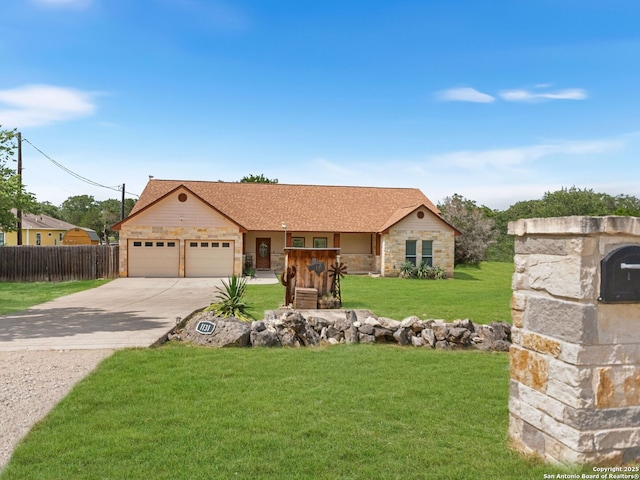 1131 Meadow Stream Rd, Spring Branch, TX 78070 - ranch-style home featuring driveway, a garage, stone siding, and a shingled roof