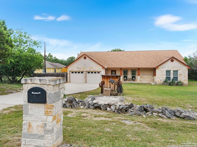 1131 Meadow Stream Rd, Spring Branch, TX 78070 - single story home with a porch, an attached garage, a front lawn, concrete driveway, and roof with shingles