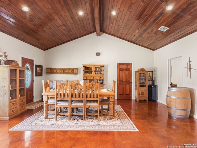 1131 Meadow Stream Rd, Spring Branch, TX 78070 - dining space with finished concrete flooring, recessed lighting, vaulted ceiling, and wooden ceiling