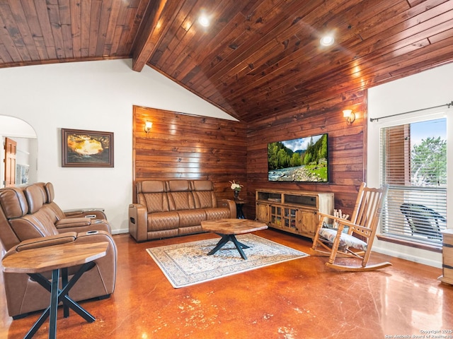 1131 Meadow Stream Rd, Spring Branch, TX 78070 - living area featuring wood ceiling, finished concrete flooring, arched walkways, and high vaulted ceiling