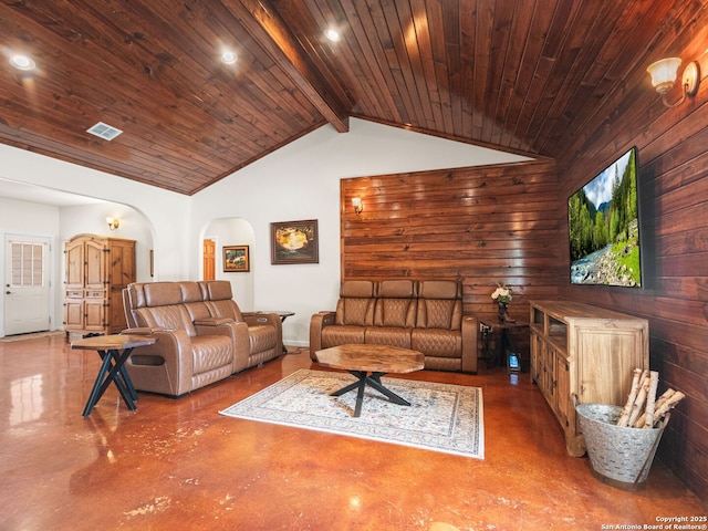 1131 Meadow Stream Rd, Spring Branch, TX 78070 - living room with concrete flooring, arched walkways, wooden ceiling, and recessed lighting