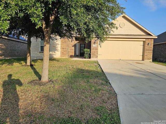6723 Luckey Pond, San Antonio, TX 78252 - view of front of home with brick siding, concrete driveway, an attached garage, and a front lawn