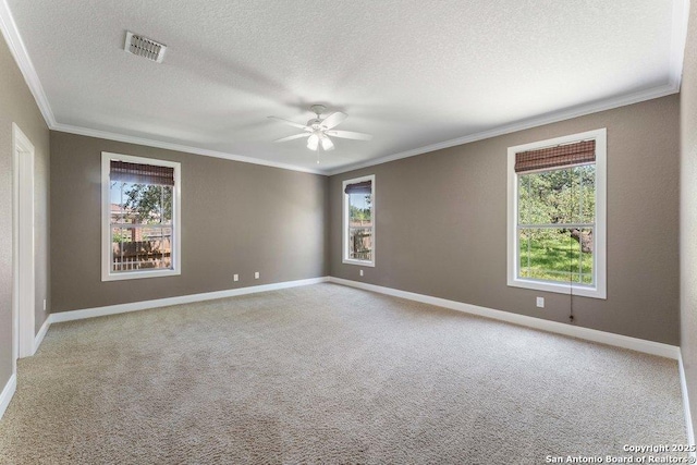 120 Red Bud, Boerne, TX 78006 - carpeted empty room featuring crown molding, ceiling fan, and a textured ceiling