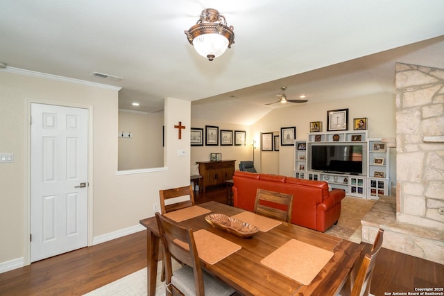 10707 Lake Path, San Antonio, TX 78217 - dining space featuring wood finished floors, ornamental molding, and a ceiling fan