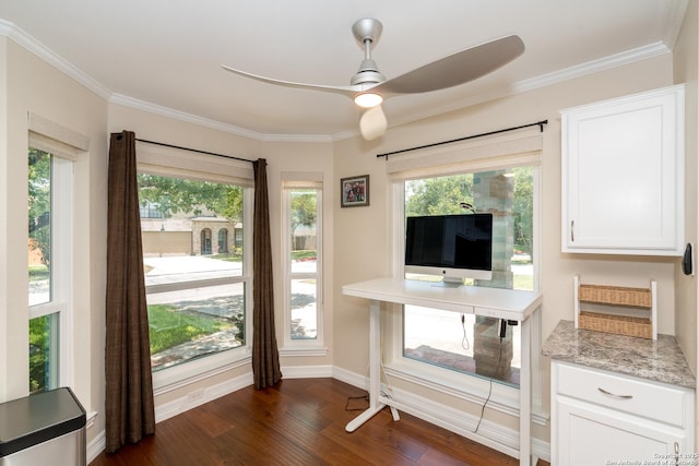 10707 Lake Path, San Antonio, TX 78217 - kitchen with dark wood-style floors, white cabinets, healthy amount of natural light, ornamental molding, and a ceiling fan
