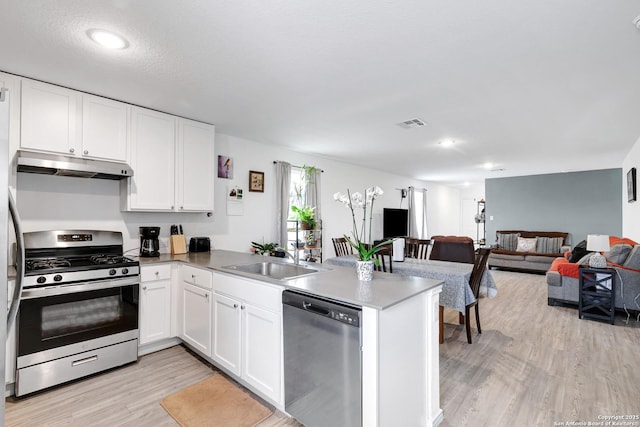 9015 Lunar Cv, San Antonio, TX 78252 - kitchen with stainless steel appliances, under cabinet range hood, a peninsula, light wood-type flooring, and white cabinetry