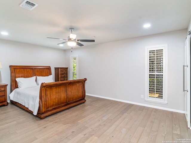 132 Wagon Trail Rd, Shavano Park, TX 78231 - bedroom featuring recessed lighting, light wood-style flooring, and ceiling fan
