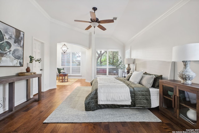 20907 Cactus Peak, San Antonio, TX 78258 - bedroom featuring vaulted ceiling, dark wood-style floors, crown molding, a chandelier, and ceiling fan