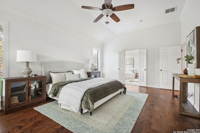 20907 Cactus Peak, San Antonio, TX 78258 - bedroom with crown molding, wood-type flooring, high vaulted ceiling, ensuite bath, and ceiling fan
