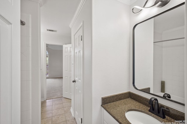 20907 Cactus Peak, San Antonio, TX 78258 - full bath with ornamental molding, vanity, tile patterned flooring, and a shower