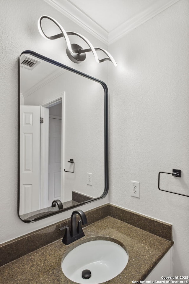20907 Cactus Peak, San Antonio, TX 78258 - bathroom featuring ornamental molding and vanity