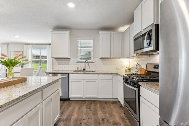 183 Amethyst Woodstar, San Antonio, TX 78253 - kitchen featuring appliances with stainless steel finishes, healthy amount of natural light, dark wood-style flooring, white cabinetry, and recessed lighting